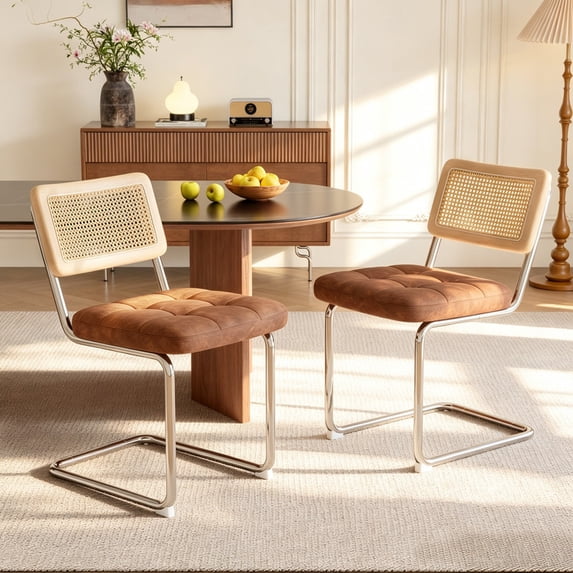 Hawsaiy Faux Leather Rattan Dining Chairs Set of 2, Upholstered Dining Room Chairs with Cane Back, Mid Century Modern Cantilever Kitchen Chairs, Chrome Frame Armless Side Chairs, Brown
