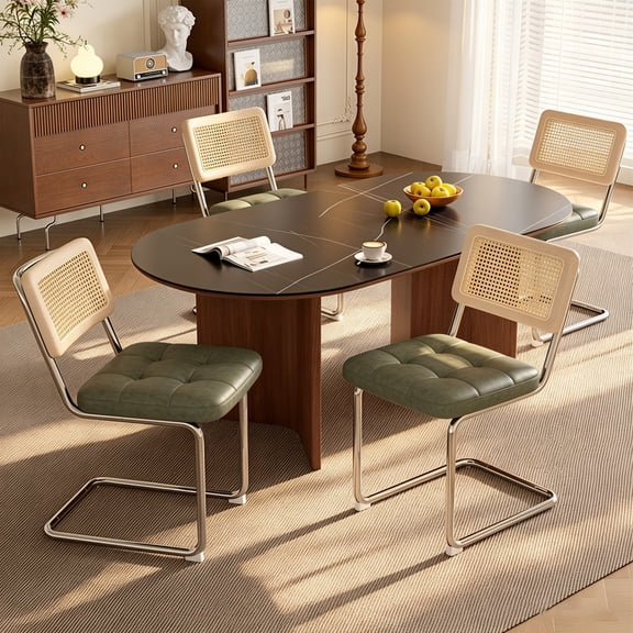 Hawsaiy Faux Leather Rattan Dining Chairs Set of 4, Upholstered Dining Room Chairs with Cane Back, Mid Century Modern Cantilever Kitchen Chairs, Chrome Frame Armless Side Chairs, Green
