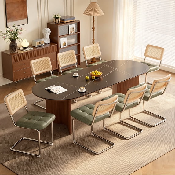 Hawsaiy Faux Leather Rattan Dining Chairs Set of 8, Upholstered Dining Room Chairs with Cane Back, Mid Century Modern Cantilever Kitchen Chairs, Chrome Frame Armless Side Chairs, Green