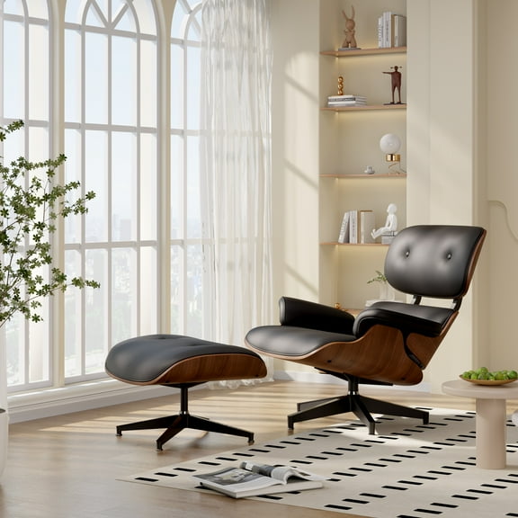 Hawsaiy Genuine Leather Lounge Chair with Ottoman, Mid Century Modern Eames Recliner with Wide Armrests, Heavy Duty Base for Living Room, Bedroom, Office