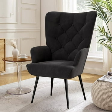 Hawsaiy High Back Velvet Accent Chair Set of 1 with Metal Legs, Modern Mid Century Armchair, Wingback Reading Chair for Bedroom Living Room,Black