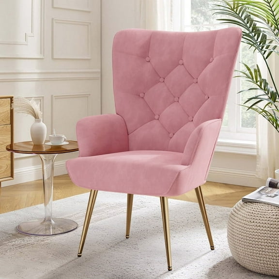 Hawsaiy High Back Velvet Accent Chair Set of 1 with Metal Legs, Modern Mid Century Armchair, Wingback Reading Chair for Bedroom Living Room,Pink
