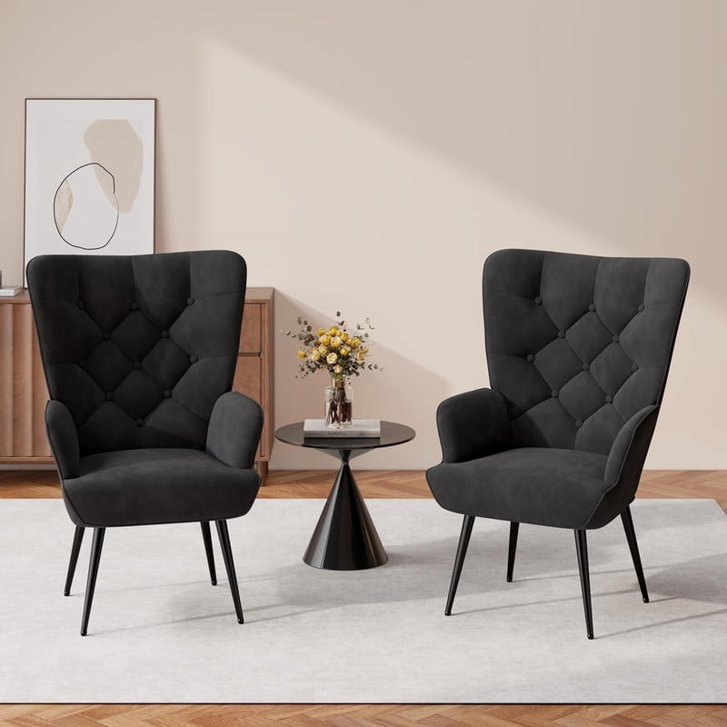 Hawsaiy High Back Velvet Accent Chair Set of 2 with Metal Legs, Modern Mid Century Armchair, Wingback Reading Chair for Bedroom Living Room,Black
