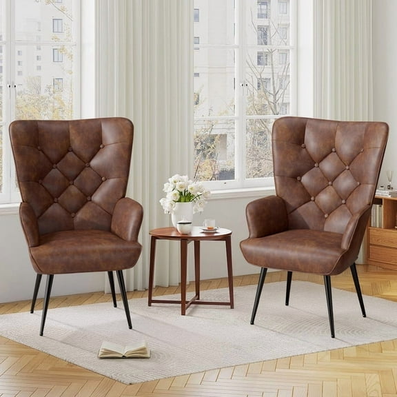 Hawsaiy High Back Velvet Accent Chair Set of 2 with Metal Legs, Modern Mid Century Armchair, Wingback Reading Chair for Bedroom Living Room,Brown
