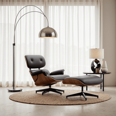 Hawsaiy Mid-Century Lounge Chair and Ottoman Set, Genuine Leather Recliner with Wood Frame, Eames Style Chair for Living Room, Bedroom, Office