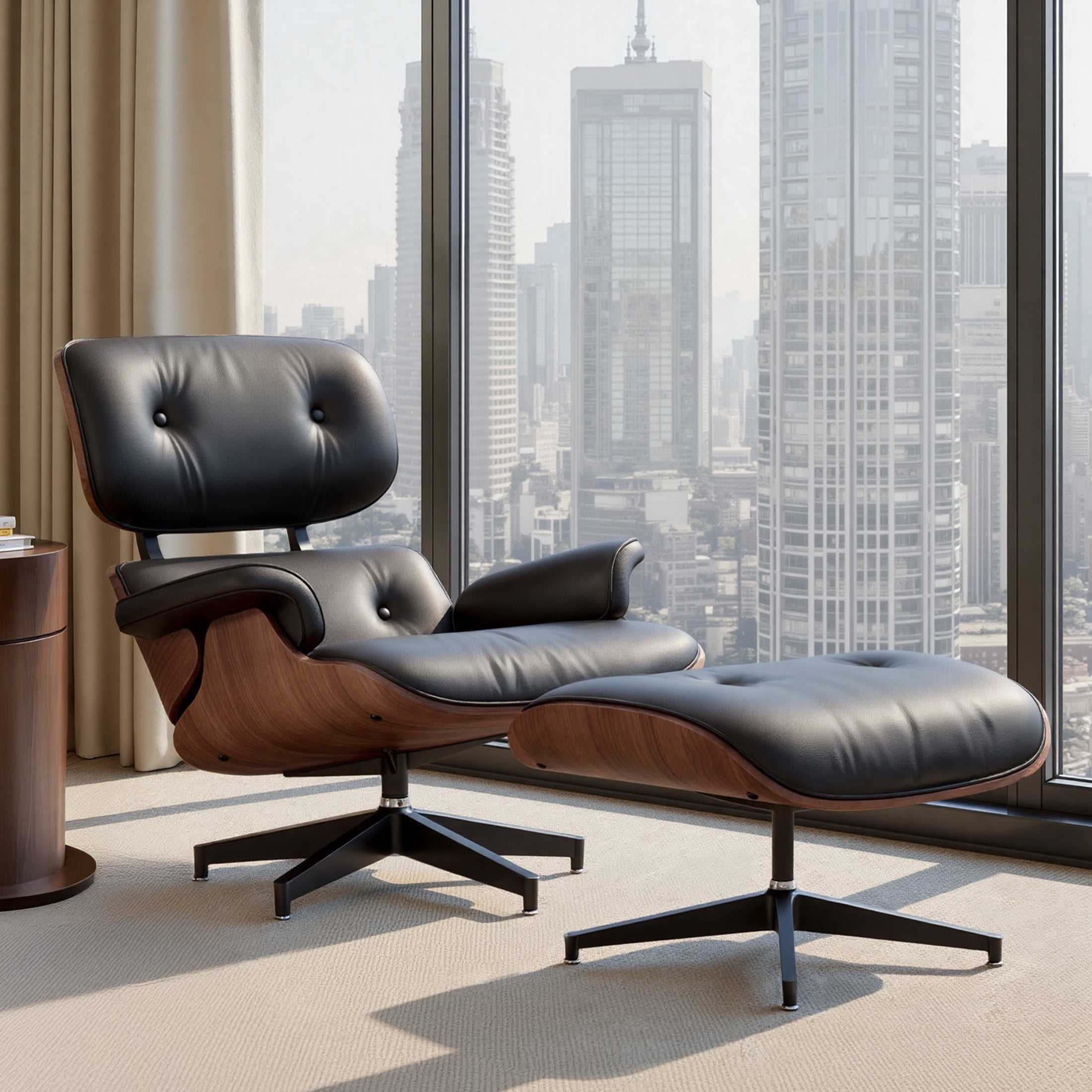 Hawsaiy Mid-Century Lounge Chair and Ottoman Set, Genuine Leather