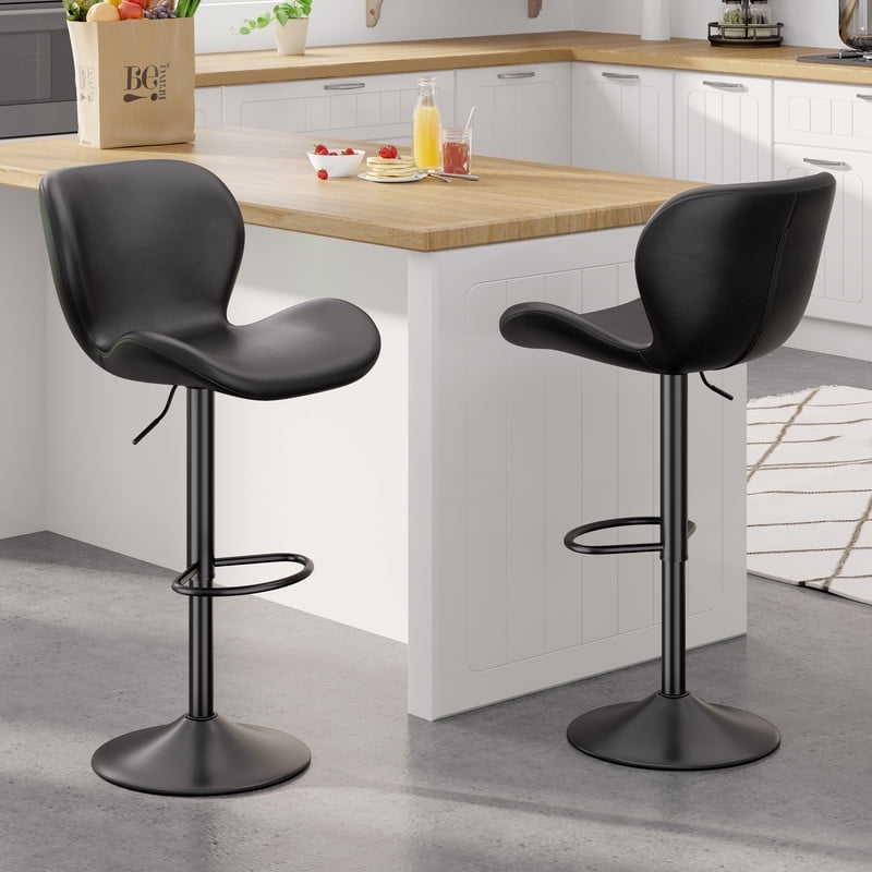 Black Adjustable Swivel Metal and Leather Bar Stools, Set of 2