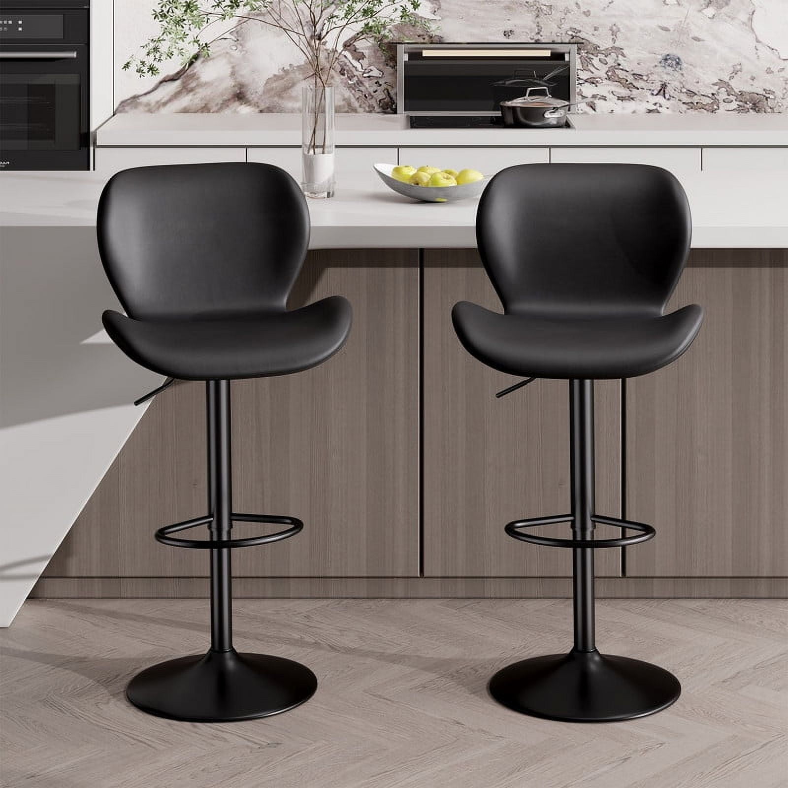 Black Adjustable Swivel Metal and Leather Bar Stools, Set of 2