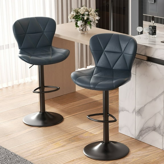 Hawsaiy Modern Bar Stools Set of 2, Adjustable Faux Leather Upholstered Swivel Bar Stools, Counter Height Bar Chairs with Back for Kitchen Island, Dark Blue