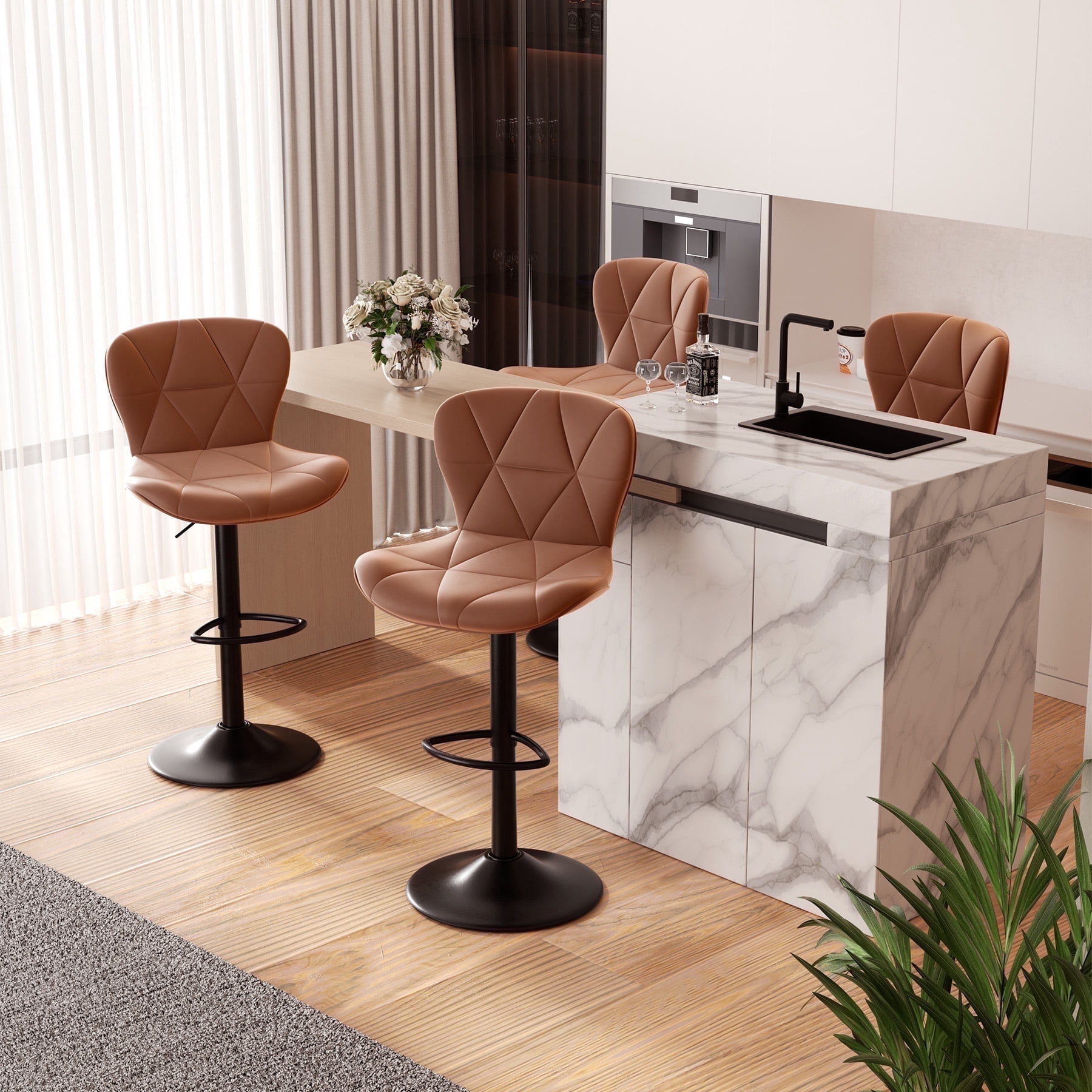 Hawsaiy Modern Bar Stools Set of 4, Adjustable Faux Leather Upholstered Swivel Bar Stools, Counter Height Bar Chairs with Back for Kitchen Island, Brown