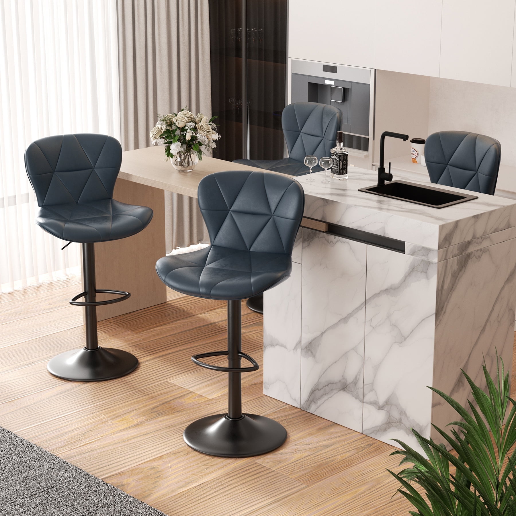 Hawsaiy Modern Bar Stools Set of 4, Adjustable Faux Leather Upholstered Swivel Bar Stools, Counter Height Bar Chairs with Back for Kitchen Island, Dark Blue - Walmart.com