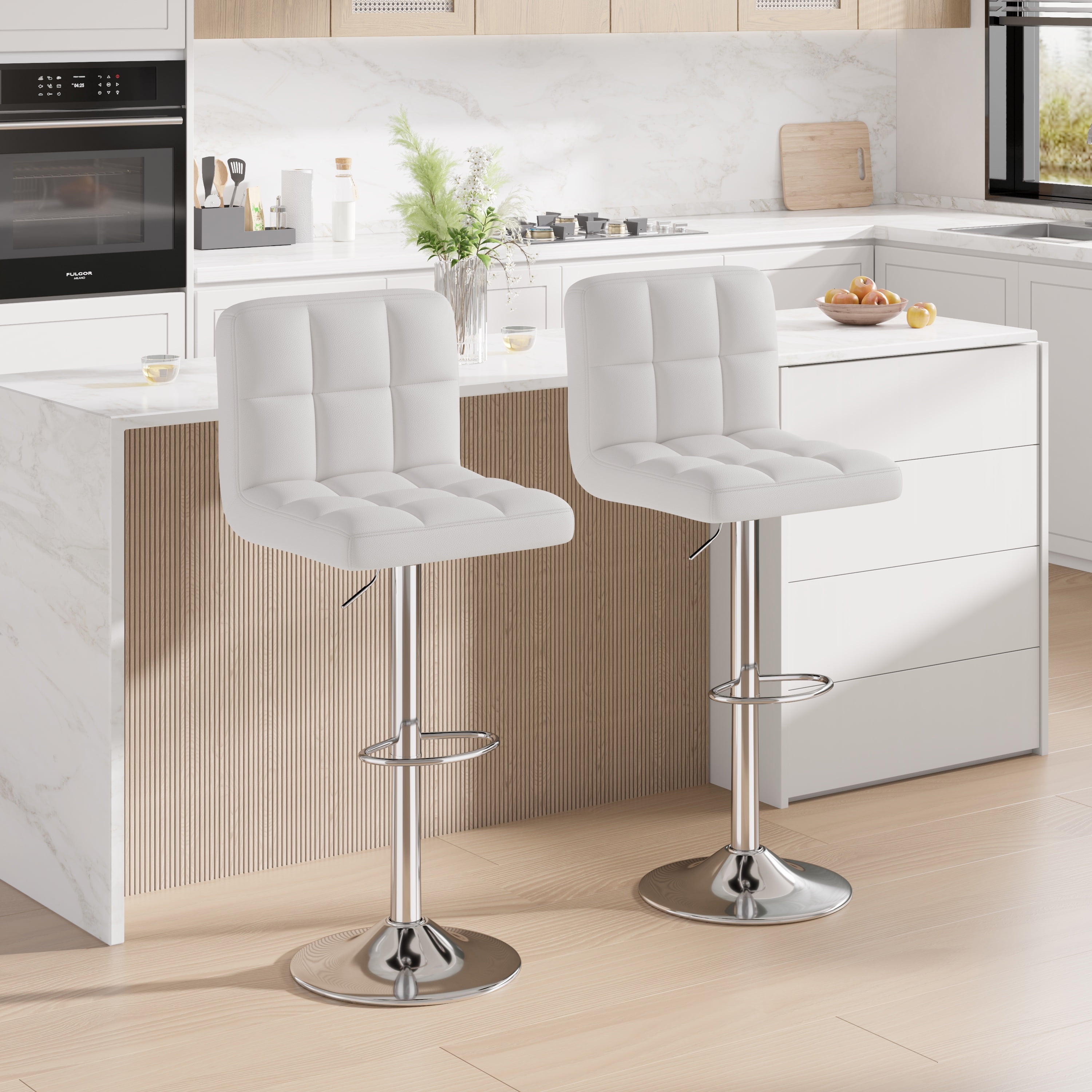 Hawsaiy Modern Adjustable Swivel Bar Stools Set of 2, PU Leather Bar Chairs with Footrest, White