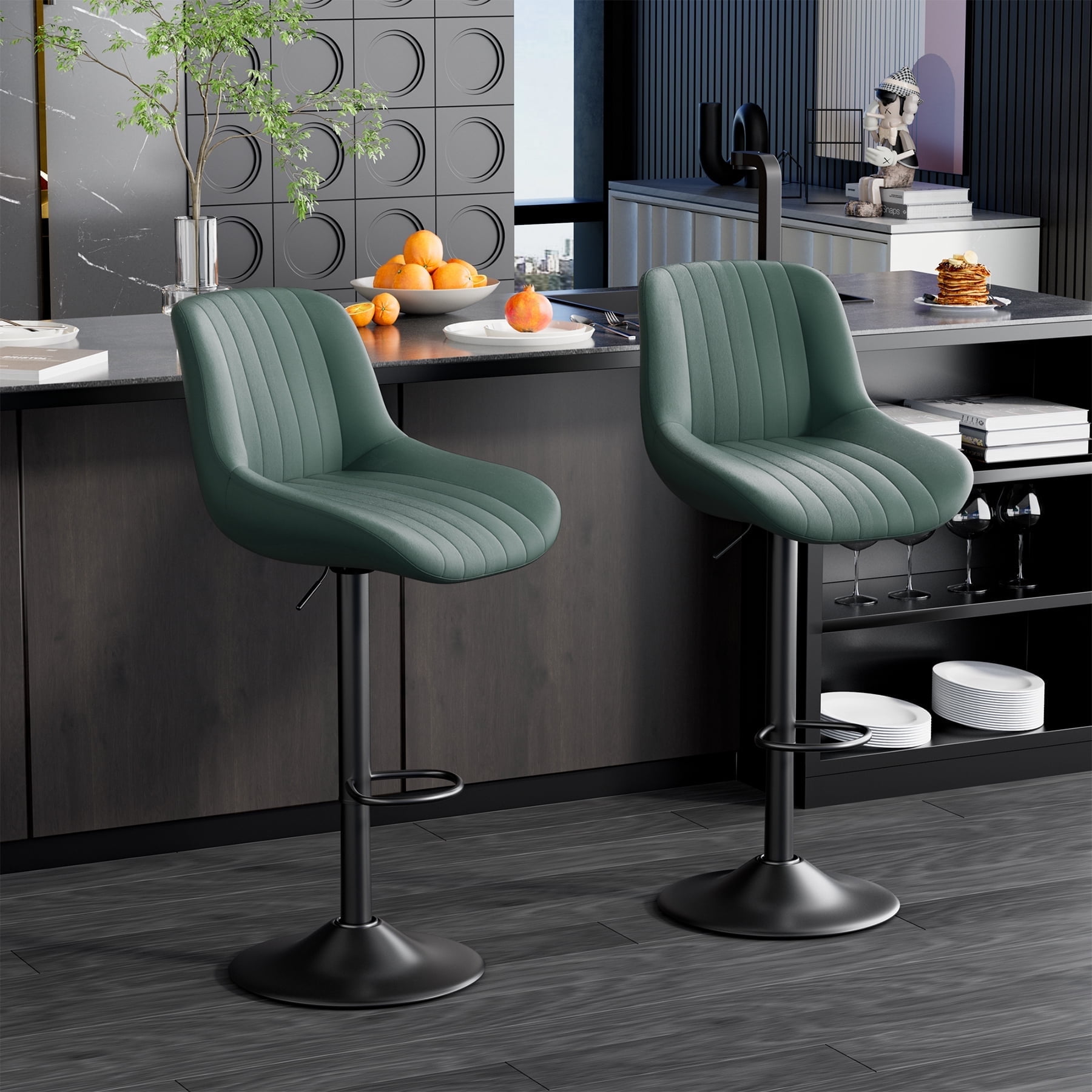 Modern Adjustable Green Swivel Bar Stools with Metal Base