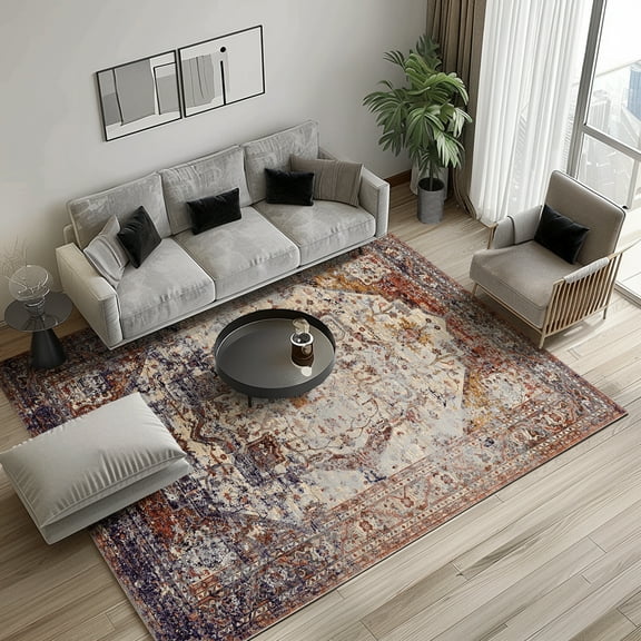 Washable Area Rugs 5x7 ft, Non-Slip Large Soft Vintage Carpet for Living Room Bedroom, Retro Floral Rug for Indoor Floor, Pet-Friendly Low Pile Accent Rug