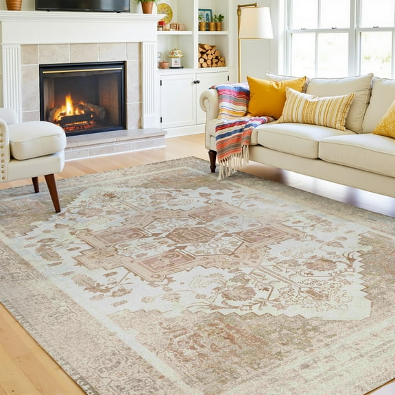 Washable Area Rugs 5x7 ft, Non-Slip Large Soft Vintage Carpet for Living Room Bedroom, Retro Floral Rug for Indoor Floor, Pet-Friendly Low Pile Accent Rug