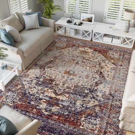 Washable Area Rugs 8x10 ft, Non-Slip Large Soft Vintage Carpet for Living Room Bedroom, Retro Floral Rug for Indoor Floor, Pet-Friendly Low Pile Accent Rug