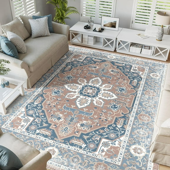 Washable Area Rugs 8x10 ft, Non-Slip Large Soft Vintage Carpet for Living Room Bedroom, Retro Floral Rug for Indoor Floor, Pet-Friendly Low Pile Accent Rug
