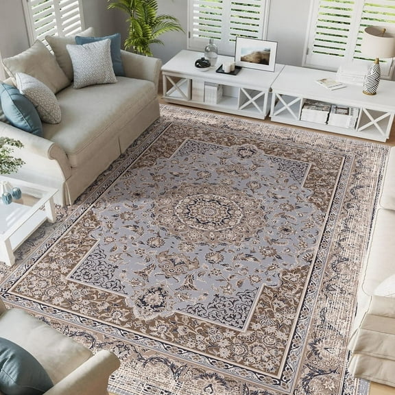 Washable Area Rugs 8x10 ft, Non-Slip Large Soft Vintage Carpet for Living Room Bedroom, Retro Floral Rug for Indoor Floor, Pet-Friendly Low Pile Accent Rug