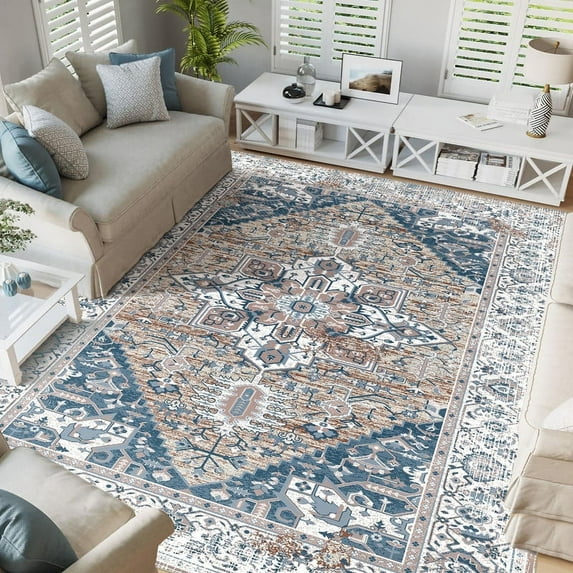 Washable Area Rugs 8x10 ft, Non-Slip Large Soft Vintage Carpet for Living Room Bedroom, Retro Floral Rug for Indoor Floor, Pet-Friendly Low Pile Accent Rug