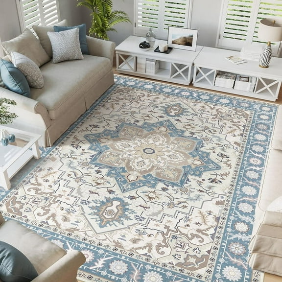 Washable Area Rugs 8x10 ft, Non-Slip Large Soft Vintage Carpet for Living Room Bedroom, Retro Floral Rug for Indoor Floor, Pet-Friendly Low Pile Accent Rug