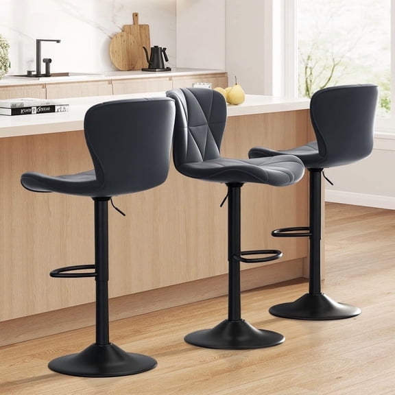 Hawsaiy Modern Bar Stools Set of 3, Adjustable Faux Leather Upholstered Swivel Bar Stools, Counter Height Bar Chairs with Back for Kitchen Island, Dark Blue