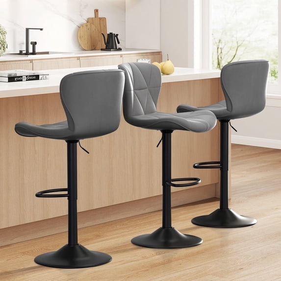 Hawsaiy Modern Bar Stools Set of 3, Adjustable Faux Leather Upholstered Swivel Bar Stools, Counter Height Bar Chairs with Back for Kitchen Island, Dark Gray