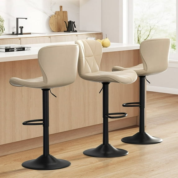 Hawsaiy Modern Bar Stools Set of 3, Adjustable Faux Leather Upholstered Swivel Bar Stools, Counter Height Bar Chairs with Back for Kitchen Island, Khaki