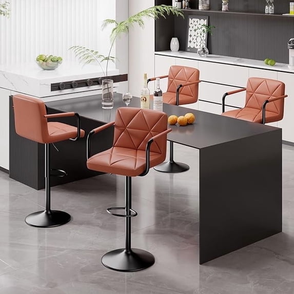 Hawsaiy Modern Bar Stools Set of 4, PU Leather Adjustable Swivel Bar Chairs with Armrests and Back, Hydraulic Counter Height Stools with Footrest for Kitchen Island, Dining Room, Bar, Umber