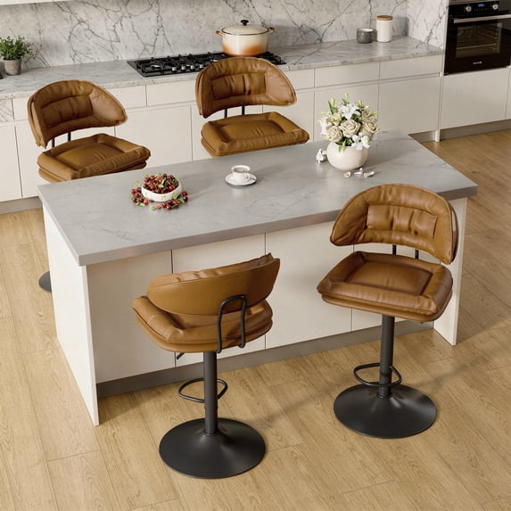 Hawsaiy Modern Bar Stools Set of 4, Ergonomic Double-Layer Upholstered Bar Stools with Back, Adjustable Swivel Barstools for Kitchen Island, Brown