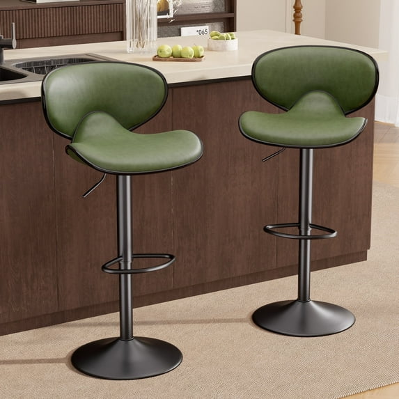 Hawsaiy Adjustable Swivel Bar Stools Set of 2 with Back and Footrest, Faux Leather Counter Height Kitchen Stools, Modern Bar Chairs for Island and Home Bar, Green