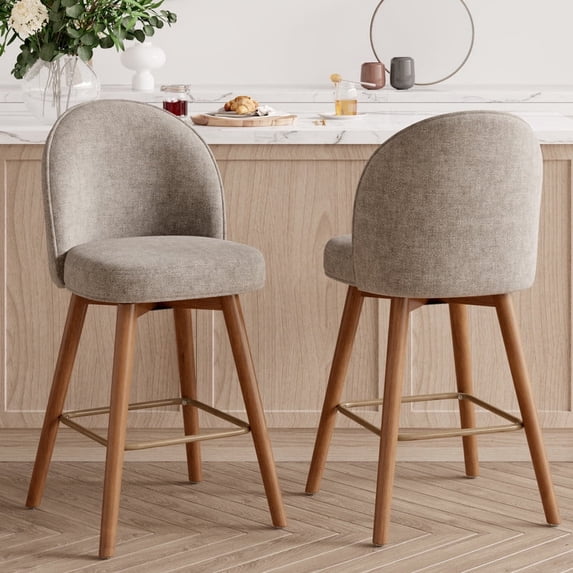 Hawsaiy Modern Swivel Bar Stools Set of 2, 26" Counter Height Bar Stools with Back, Upholstered Chenille Bar Chairs, Solid Wood Legs Kitchen Island Stools with Footrest, Khaki