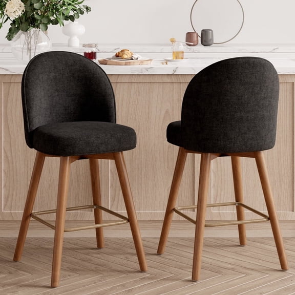 Hawsaiy Modern Swivel Bar Stools Set of 2, 26" Counter Height Bar Stools with Back, Upholstered Chenille Bar Chairs, Solid Wood Legs Kitchen Island Stools with Footrest, Black