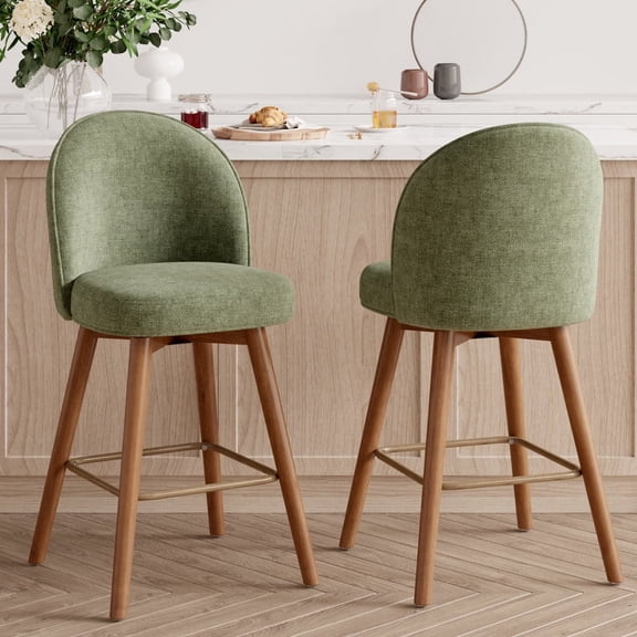 Hawsaiy Modern Swivel Bar Stools Set of 2, 26" Counter Height Bar Stools with Back, Upholstered Chenille Bar Chairs, Solid Wood Legs Kitchen Island Stools with Footrest, Green