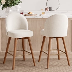 Hawsaiy Modern Swivel Bar Stools Set of 2, 26" Counter Height Bar Stools with Back, Upholstered Chenille Bar Chairs, Solid Wood Legs Kitchen Island Stools with Footrest, White