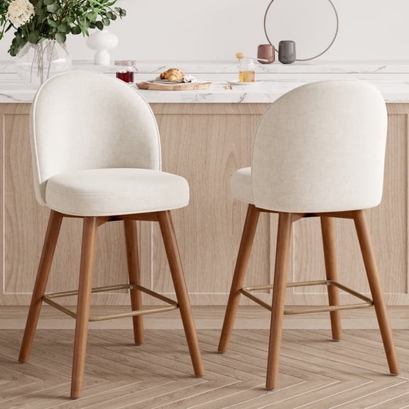 Hawsaiy Modern Swivel Bar Stools Set of 2, 26" Counter Height Bar Stools with Back, Upholstered Chenille Bar Chairs, Solid Wood Legs Kitchen Island Stools with Footrest, White