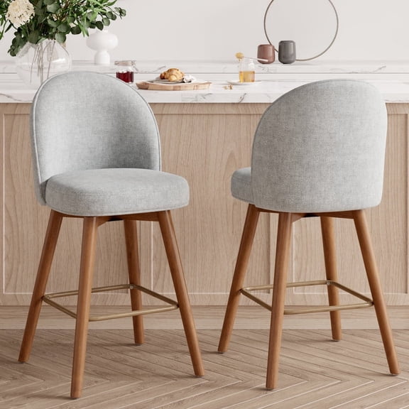 Hawsaiy Modern Swivel Bar Stools Set of 2, 26" Counter Height Bar Stools with Back, Upholstered Chenille Bar Chairs, Solid Wood Legs Kitchen Island Stools with Footrest, Gray