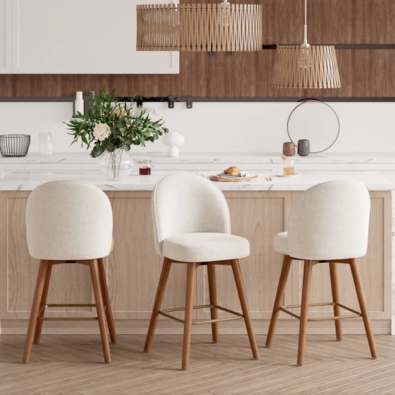 Hawsaiy Modern Swivel Bar Stools Set of 3 26" Counter Height Bar Stools with Back, Upholstered Chenille Bar Chairs, Solid Wood Legs Kitchen Island Stools with Footrest, White