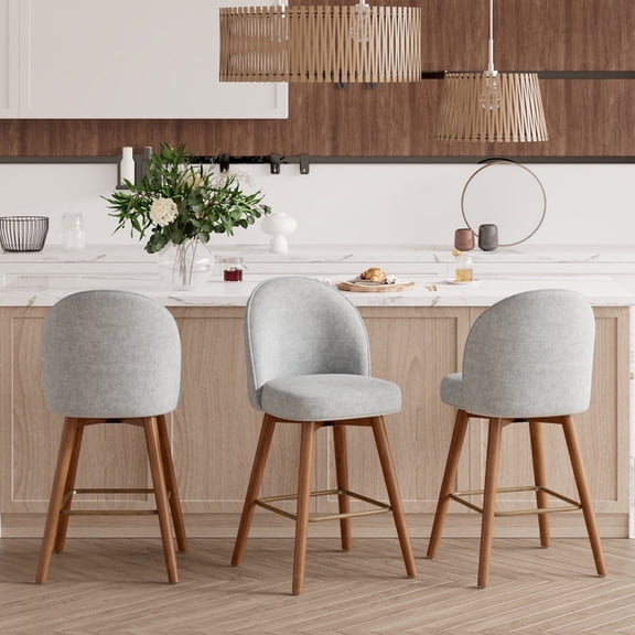 Hawsaiy Modern Swivel Bar Stools Set of 3, 26" Counter Height Bar Stools with Back, Upholstered Chenille Bar Chairs, Solid Wood Legs Kitchen Island Stools with Footrest, Gray