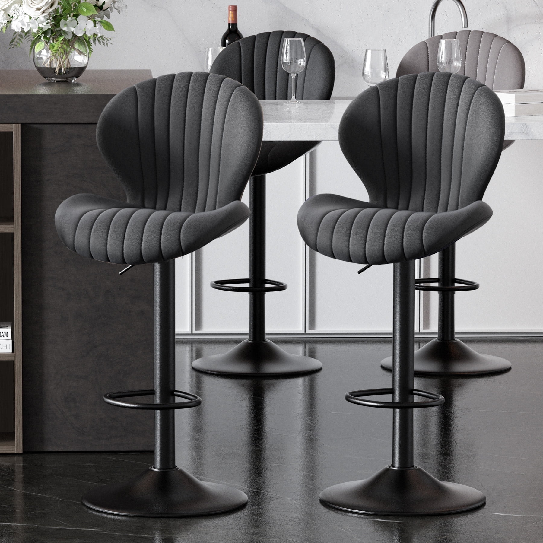 Hawsaiy Bar Stools Set of 4, Modern Swivel Bar Chairs with Mid Back and Adjustable Seat Height,Blcak