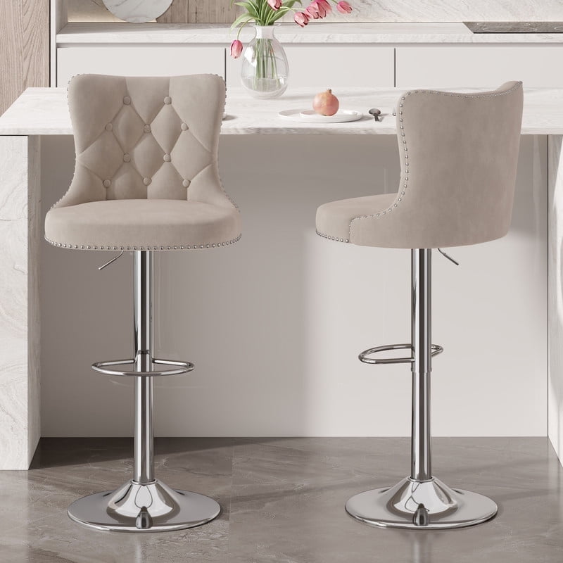 Hawsaiy Swivel Bar Stools Set of 2, Adjustable Velvet Tufted Counter Height Chairs with Nailhead Trim, Upholstered Barstools for Kitchen Island, Khaki