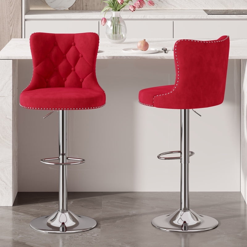 Hawsaiy Swivel Bar Stools Set of 2, Adjustable Velvet Tufted Counter Height Chairs with Nailhead Trim, Upholstered Barstools for Kitchen Island, Red