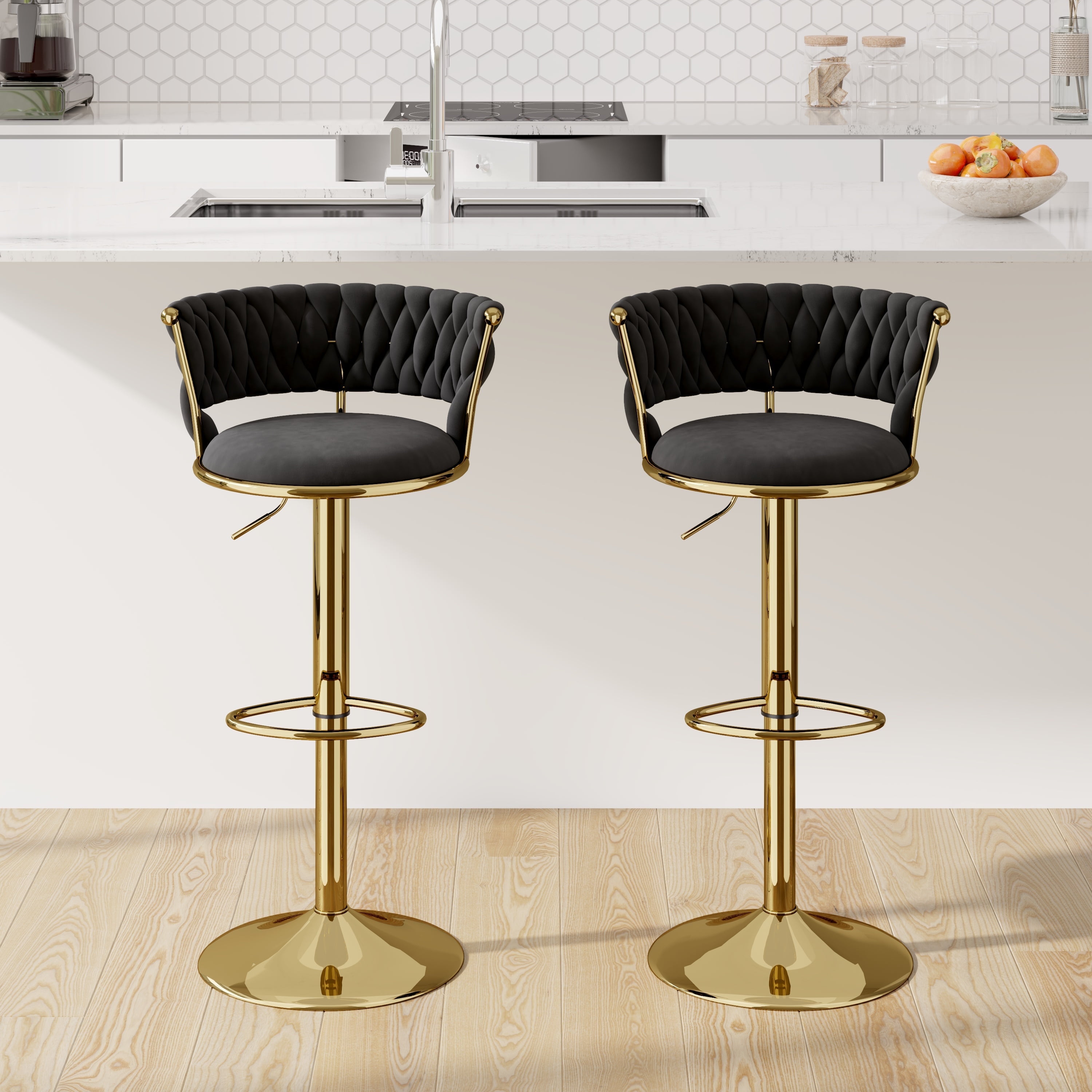 Hawsaiy Modern Velvet Bar Stool Set of 2 with Woven Back and Footrest for Kitchen, Bar, and Dining Spaces,Black