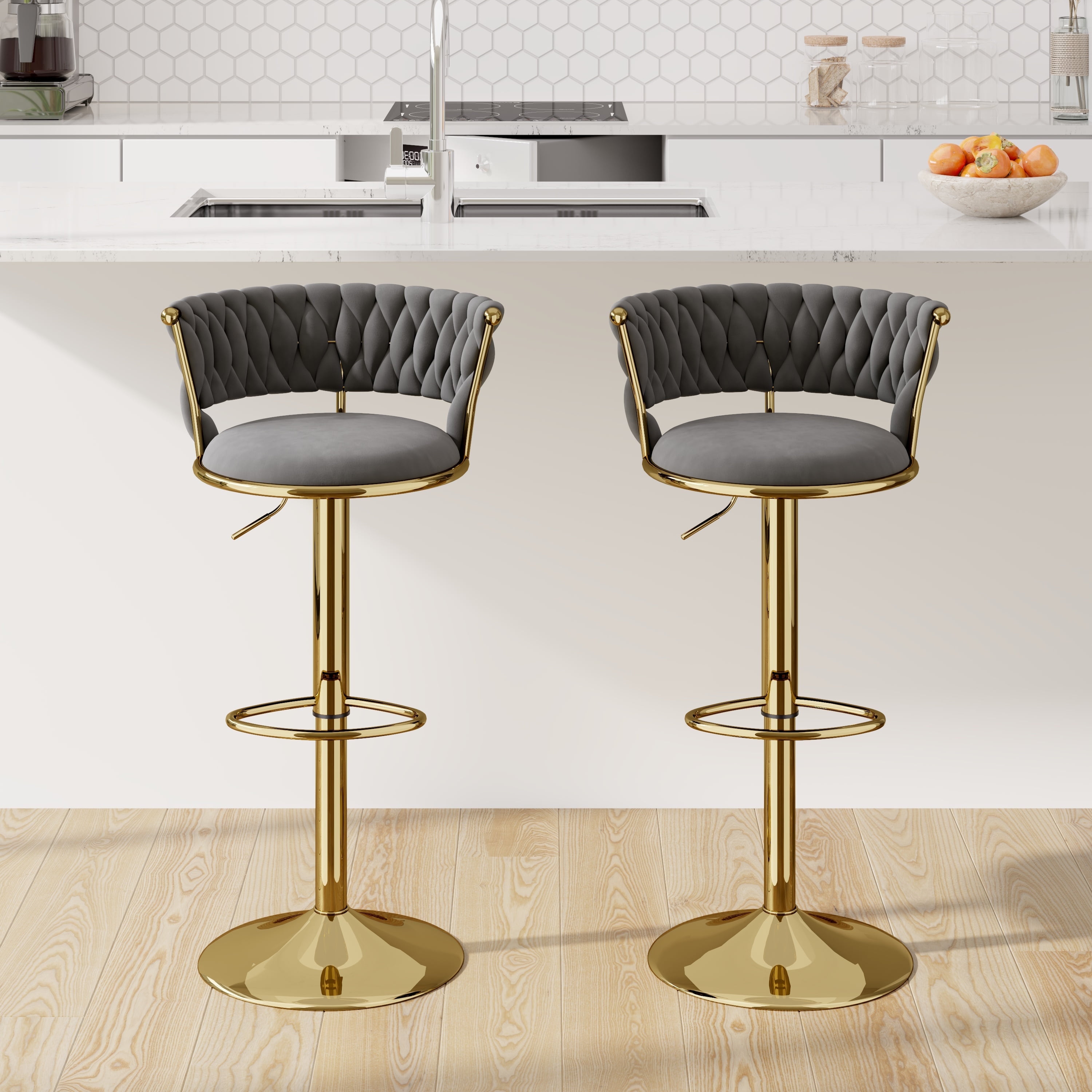 Hawsaiy Modern Velvet Bar Stool Set of 2 with Woven Back and Footrest for Kitchen, Bar, and Dining Spaces,Dark Gray