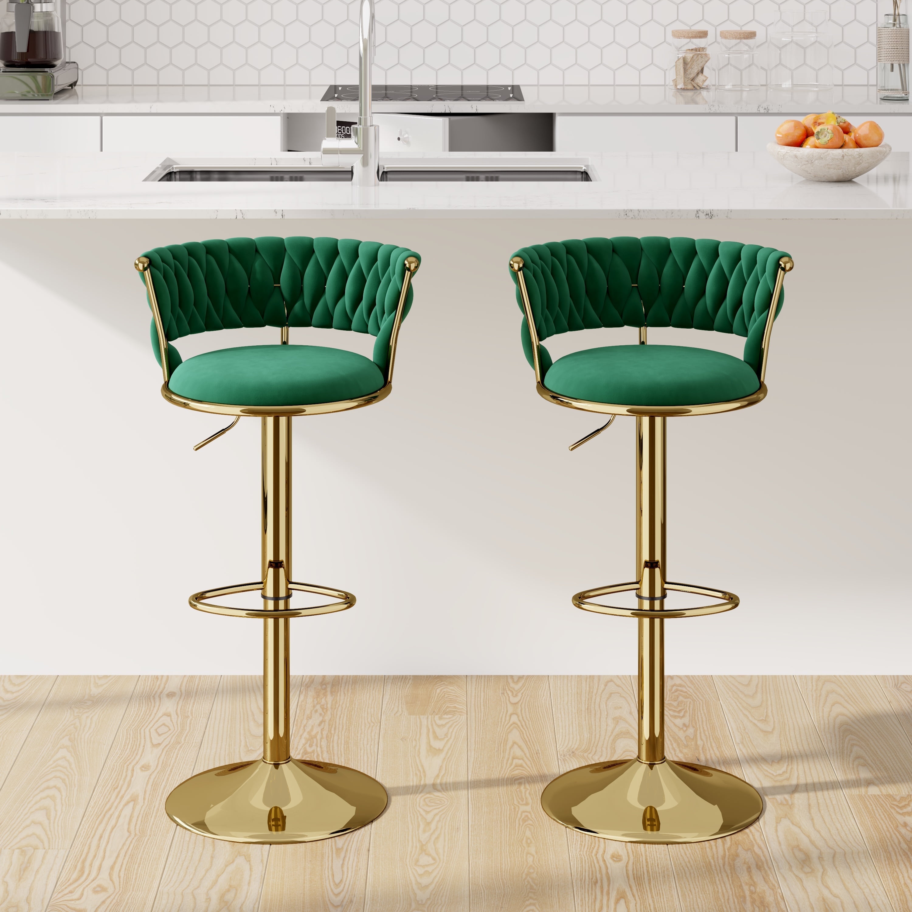 Hawsaiy Modern Velvet Bar Stool Set of 2 with Woven Back and Footrest for Kitchen, Bar, and Dining Spaces,Green