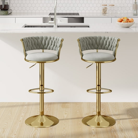 Hawsaiy Modern Velvet Bar Stool Set of 2 with Woven Back and Footrest for Kitchen, Bar, and Dining Spaces,Light Gray
