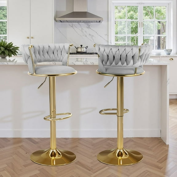 Hawsaiy Modern Velvet Bar Stools Set of 2, Adjustable Height Woven Back Bar Chairs with Footrest and Swivel for Kitchen Island & Dining Room, Light Gray