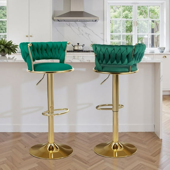 Hawsaiy Modern Velvet Bar Stools Set of 2, Adjustable Height Woven Back Bar Chairs with Footrest and Swivel for Kitchen Island & Dining Room, Green