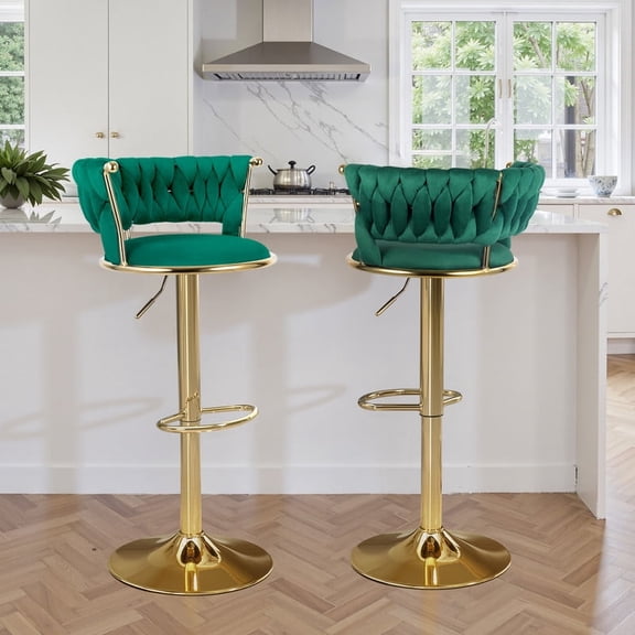 Hawsaiy Modern Velvet Bar Stools Set of 2, Adjustable Height Woven Back Bar Chairs with Footrest and Swivel for Kitchen Island & Dining Room, Green