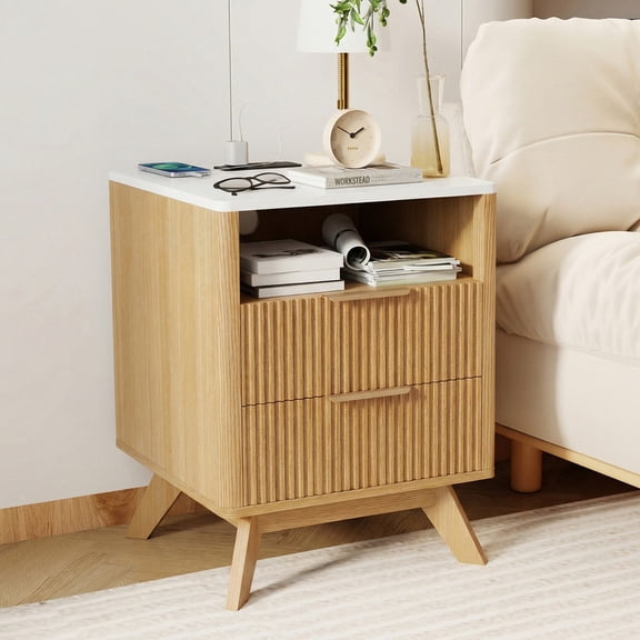 Hawsaiy Nightstand Set of 2 with Charging Station, Bedside Table with Drawer & Shelf, Mid Century Modern End Table for Bedroom, Wood Side Table with USB Ports & Outlet, Natural