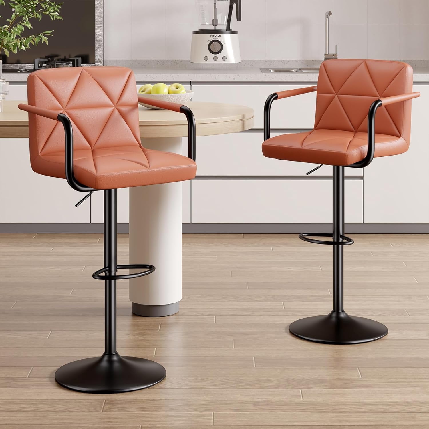 Hawsaiy Modern Bar Stools Set of 2, PU Leather Adjustable Swivel Bar Chairs with Armrests and Back, Hydraulic Counter Height Stools with Footrest for Kitchen Island, Dining Room, Bar, Umber